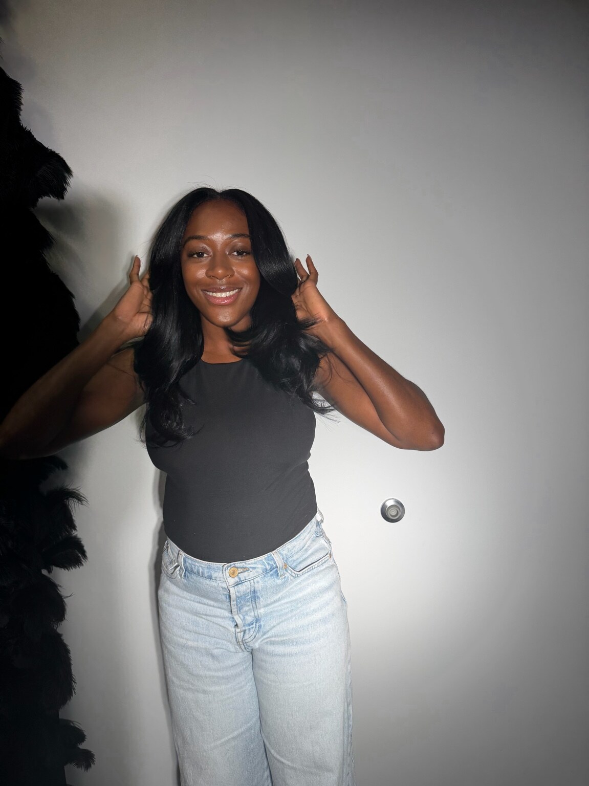 Finished layered hairstyle created with Shaz Did It Bronze Collection Yaki hair